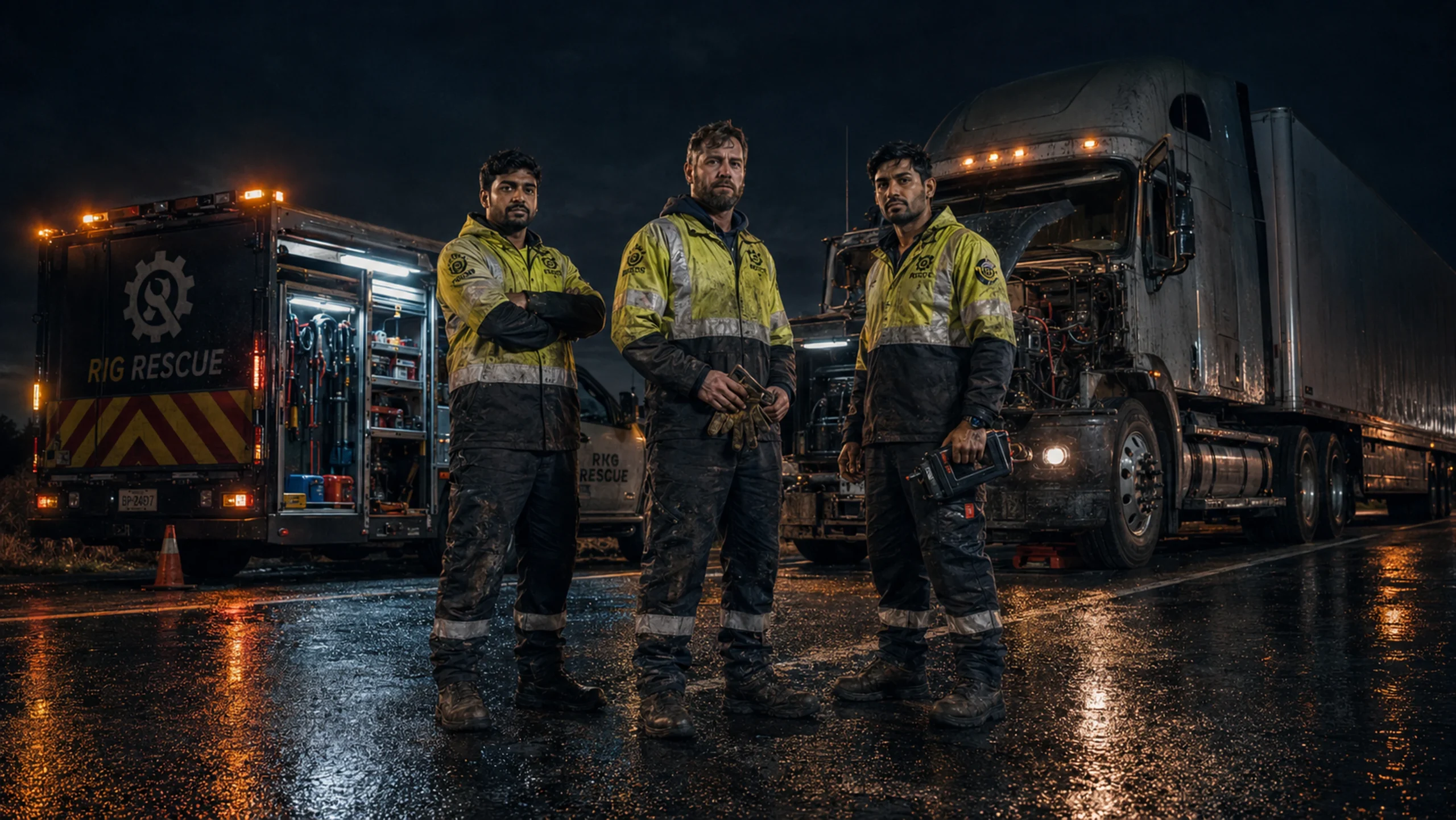 Rig Rescue mobile repair crew with service vehicles at night.