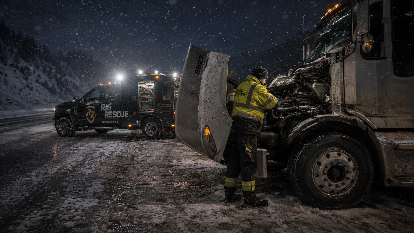 Illustrative winter roadside truck repair scene during snowfall.